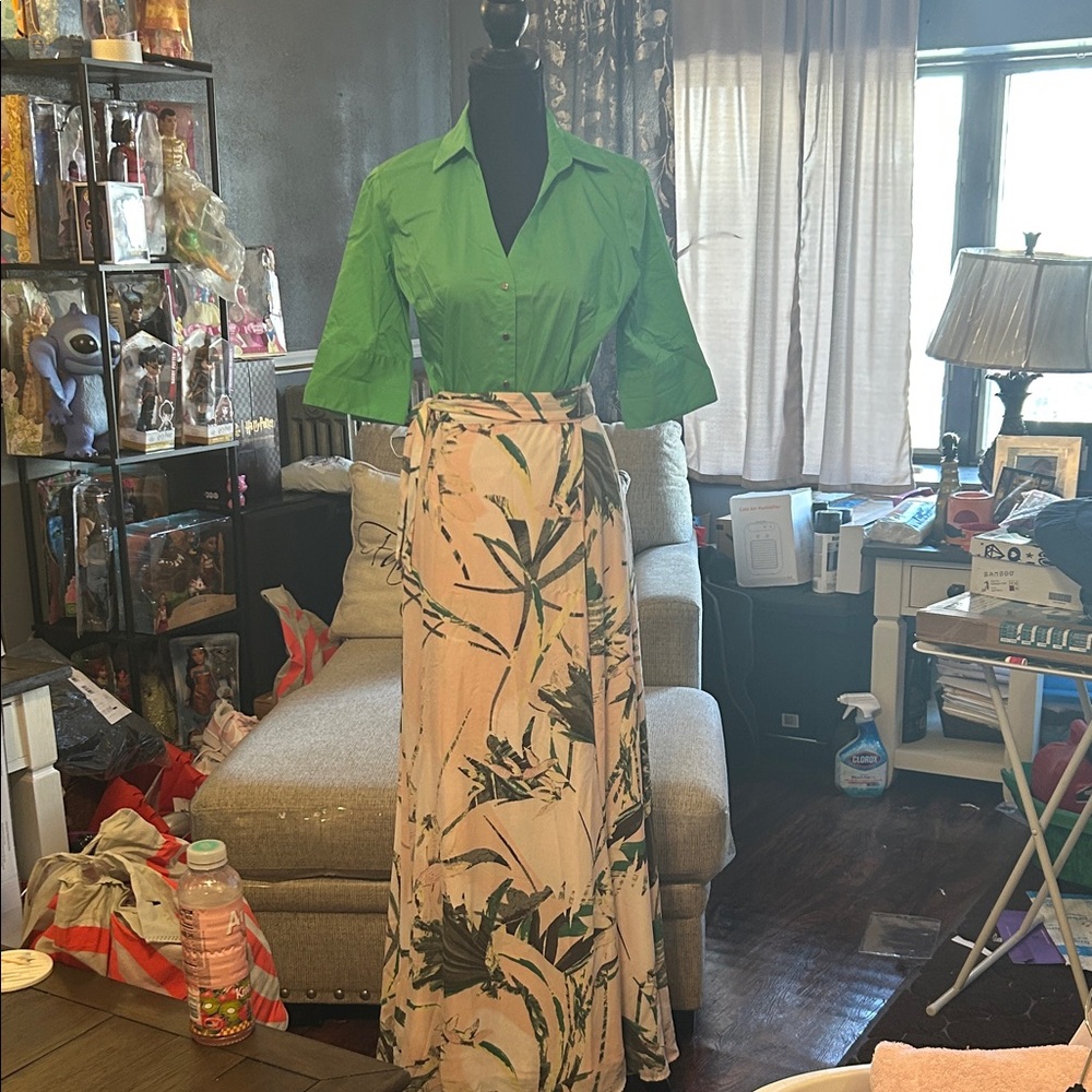 7Avenue New York & Company Pink, Green Patterned Maxi Skirt and Green Shirt
